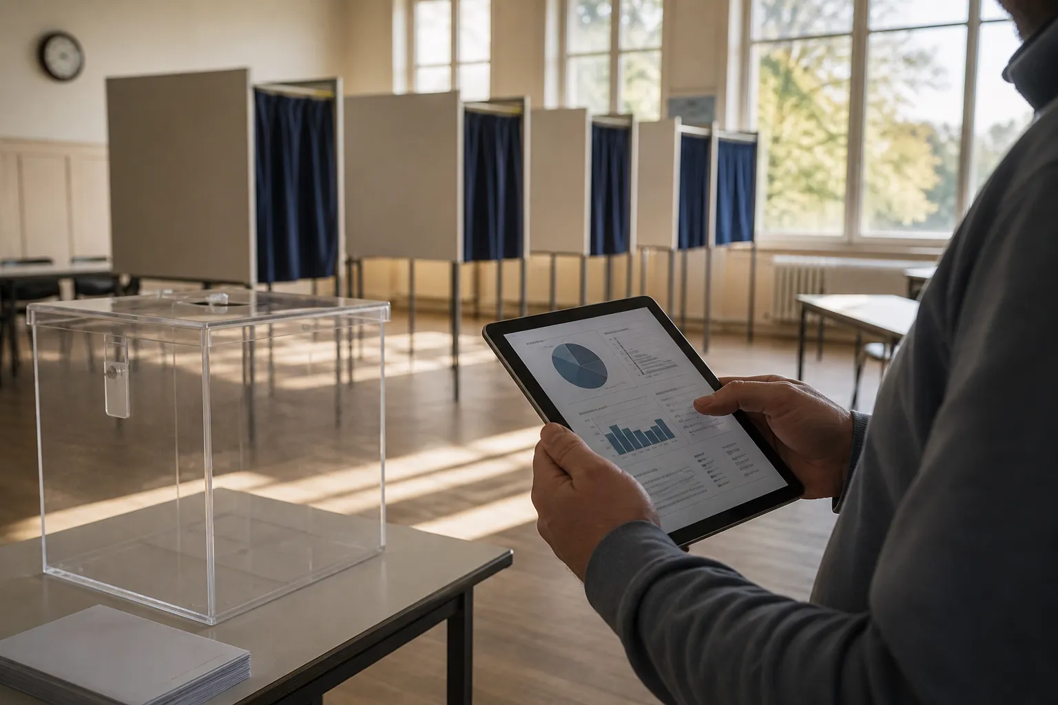 Eine Person hält ein Tablet mit Diagrammen in einem Wahllokal mit transparenter Wahlurne und Wahlkabinen.