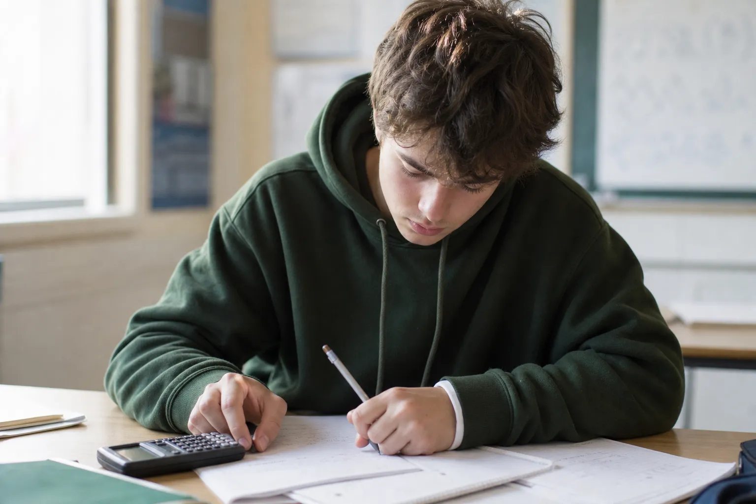Mladý muž píše do pracovního listu a používá kalkulačku u školní lavice.