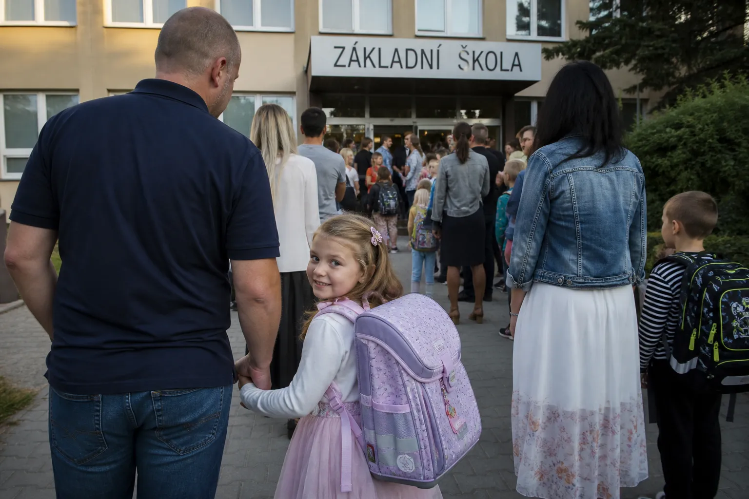 Dívka s fialovou aktovkou drží muže za ruku před vchodem do základní školy.