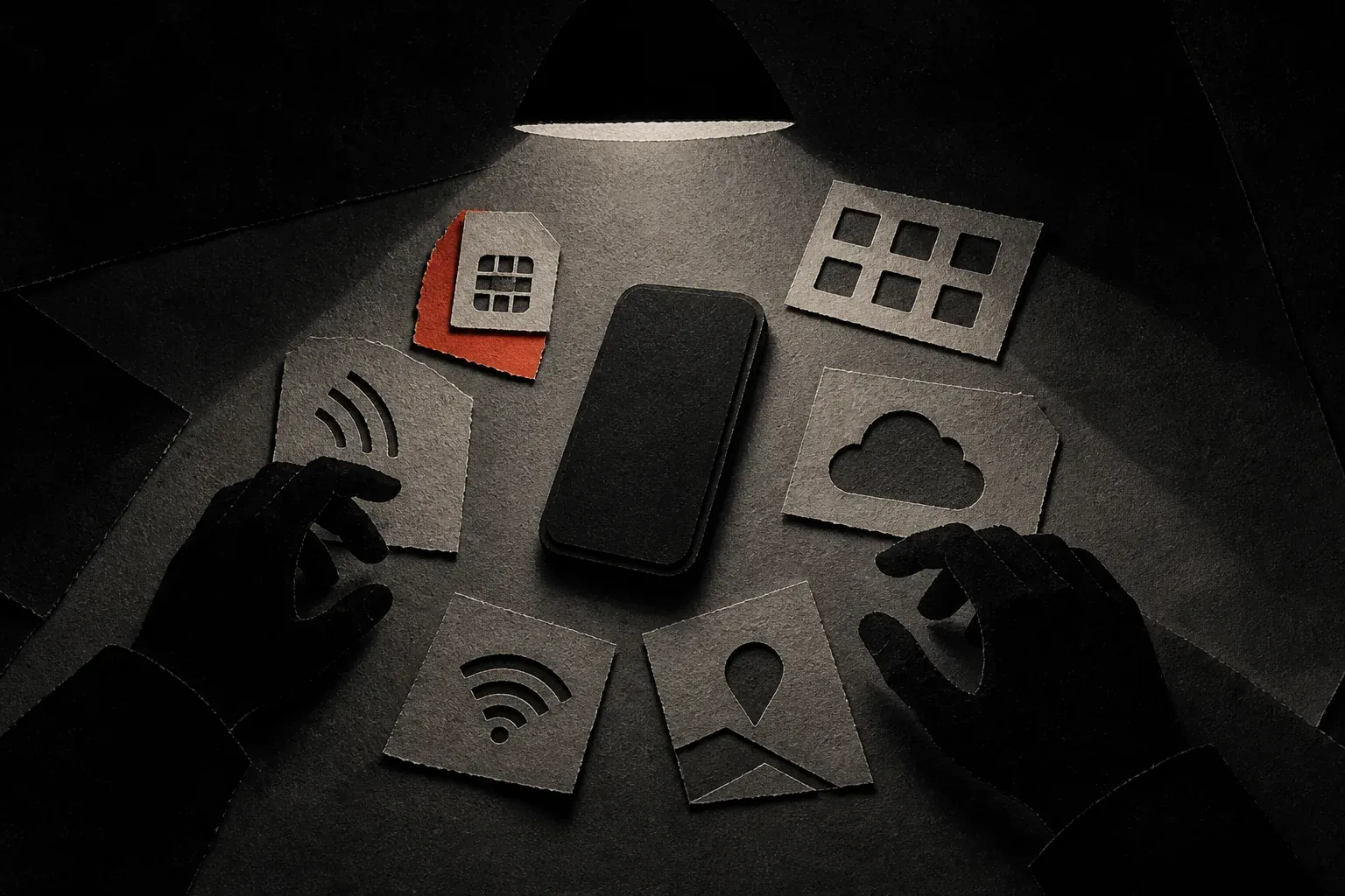 Mobilní telefon rozdělený do vrstev účtu, aplikací, sítě a záloh