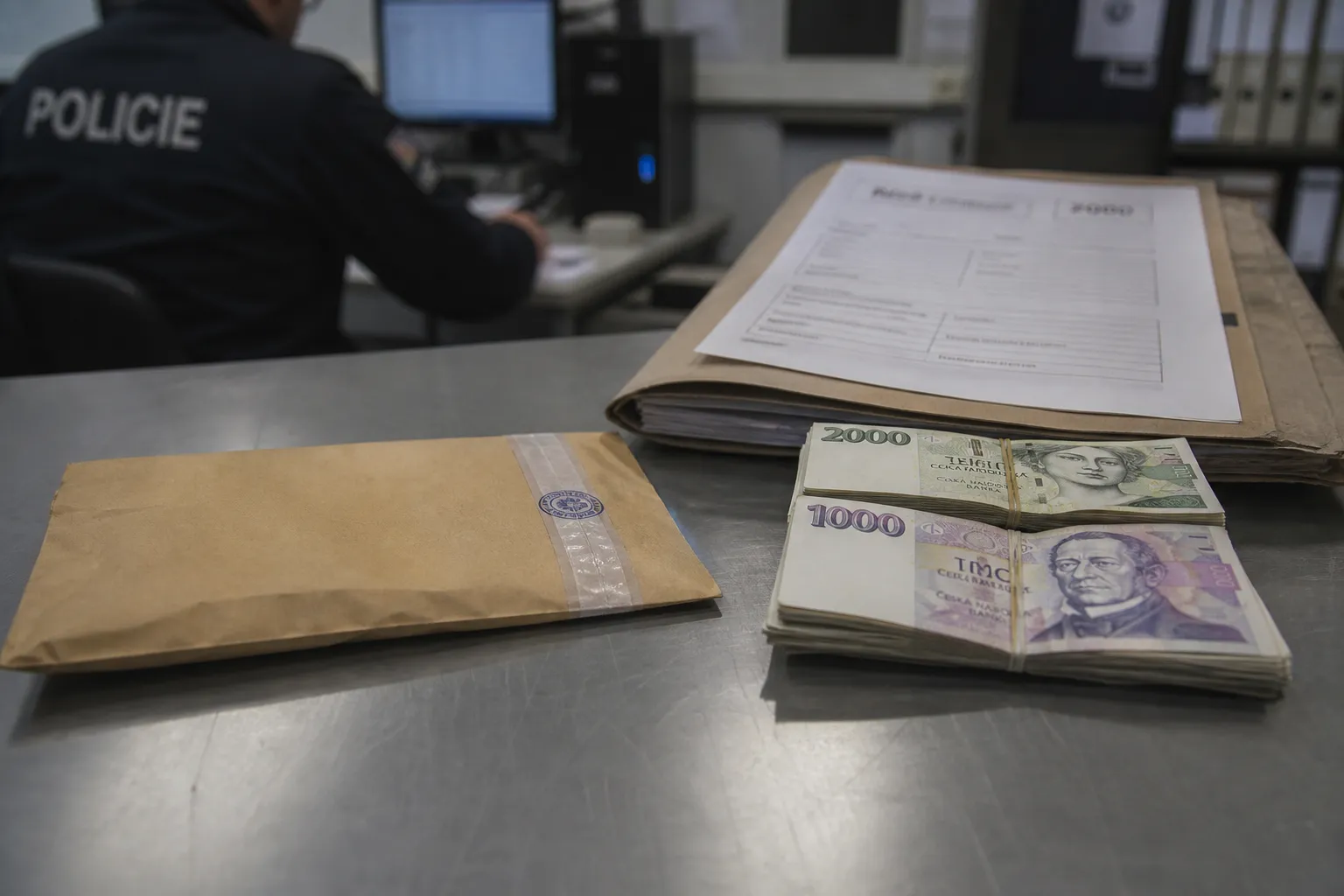 Sečtená hotovost a zapečetěná obálka u policejního spisu — peníze na nákup nejsou automaticky operativní krytí
