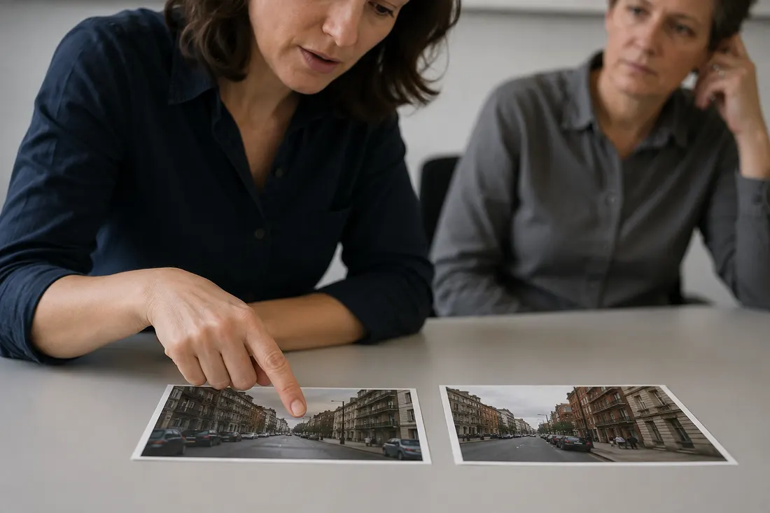 Dvě ženy porovnávají vytištěné fotografie ulice; jedna ukazuje na detail v levém snímku.