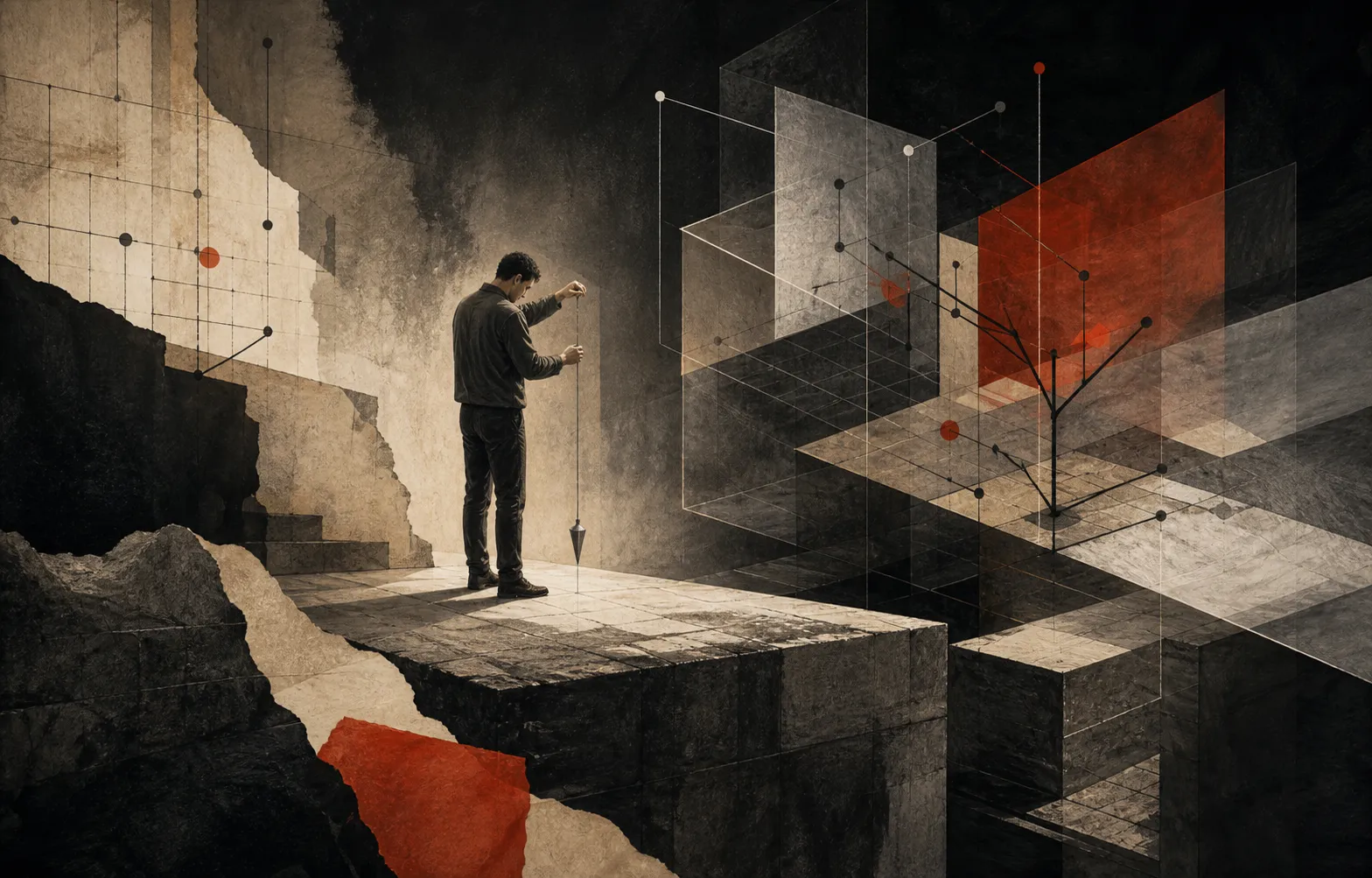Koncepční ilustrace lidského myslitele s olovnicí zkoumajícího základy uprostřed levitujících AI návrhů