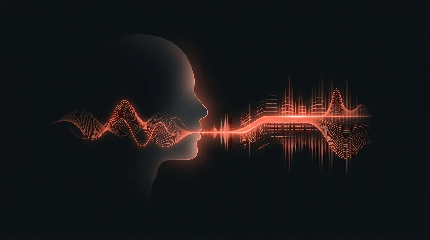 Profil anonymní postavy protnutý syntetickou hlasovou vlnou