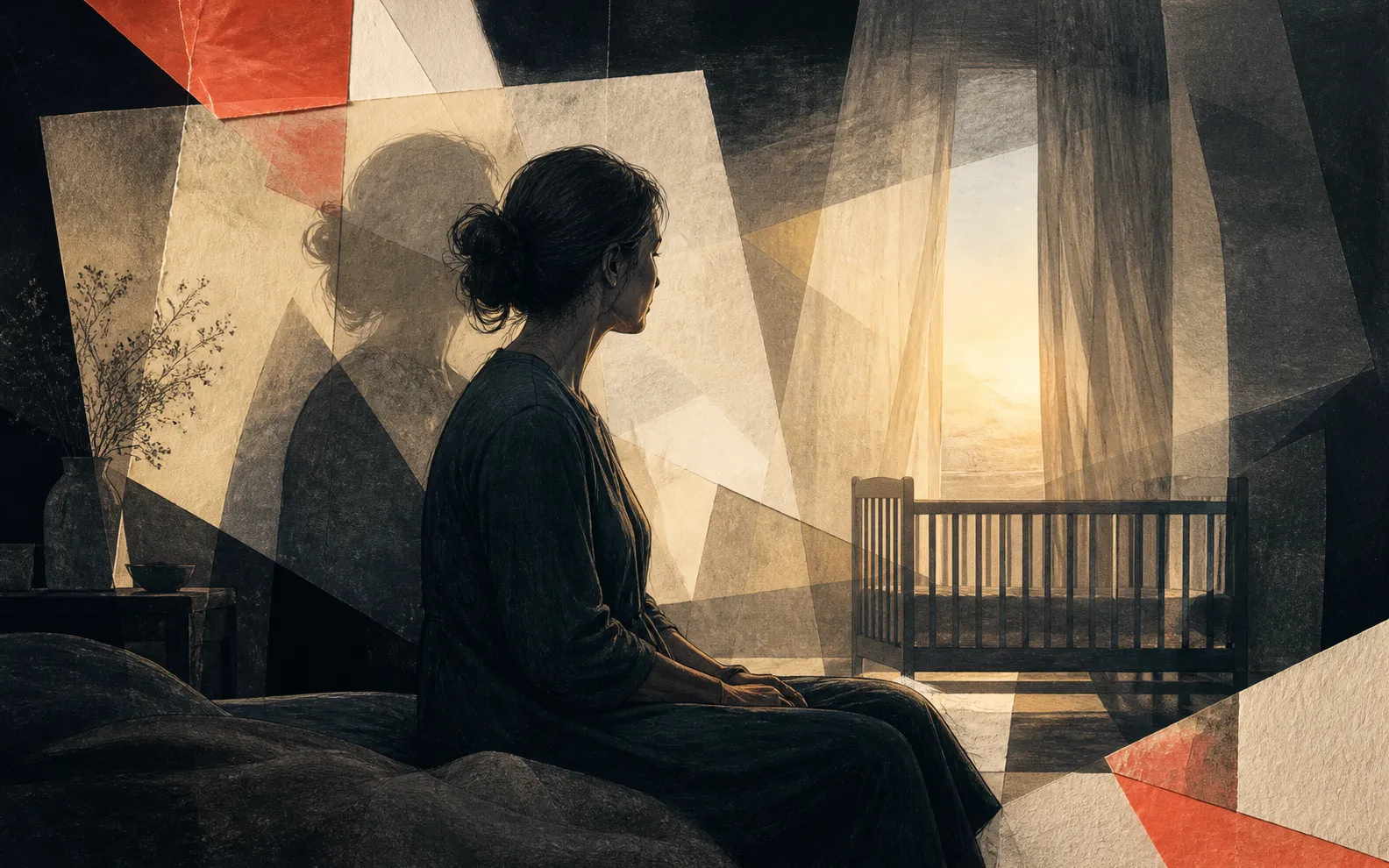 Umělecká redakční ilustrace matky v tichém pokoji a krystalické štěpení reality za úsvitu