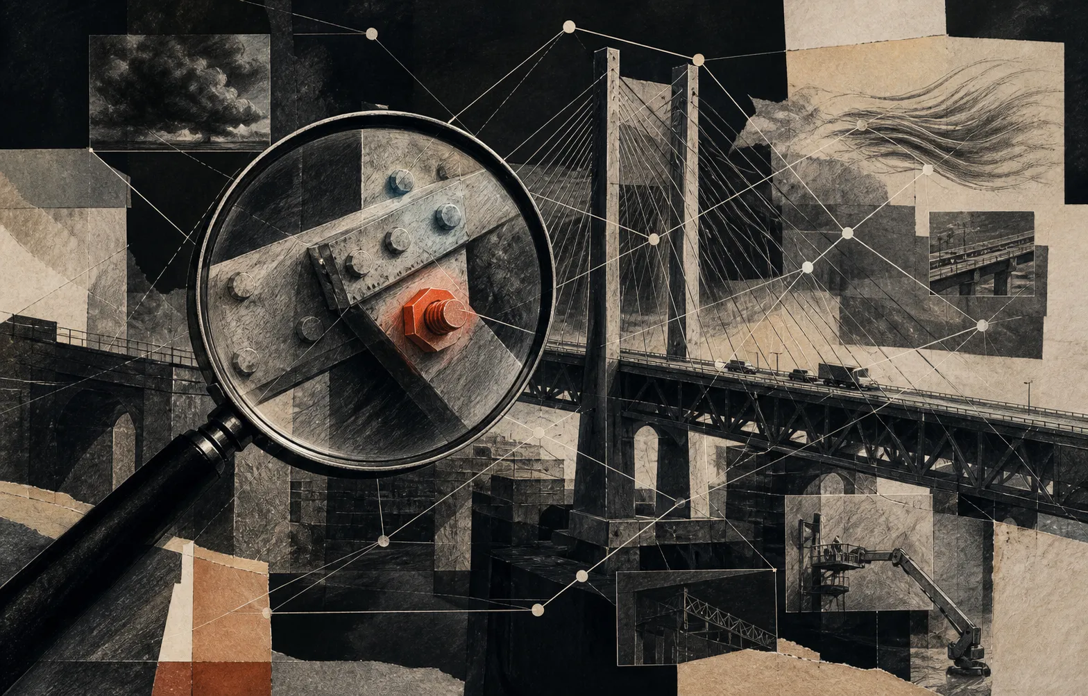 Monumentální architektonická ilustrace mostu a optické lupy zaměřené na jediný šroub