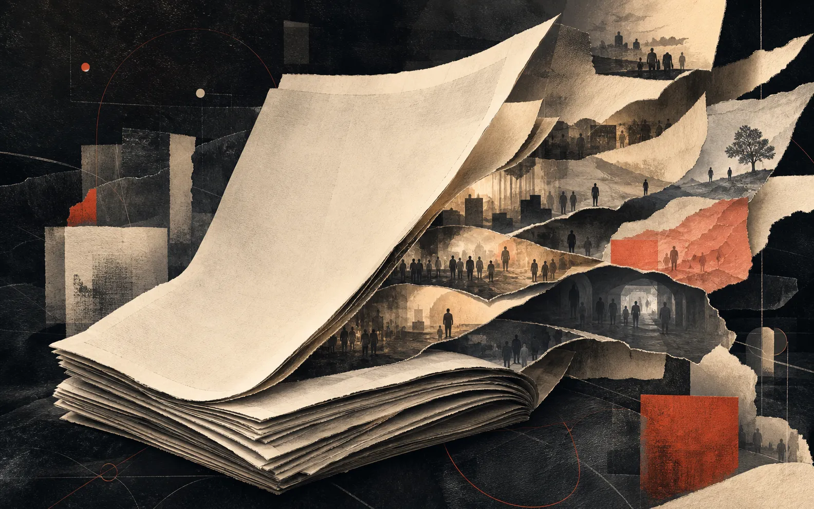 Autorská koncepční ilustrace novinového listu rozpadajícího se do skutečných lidských příběhů