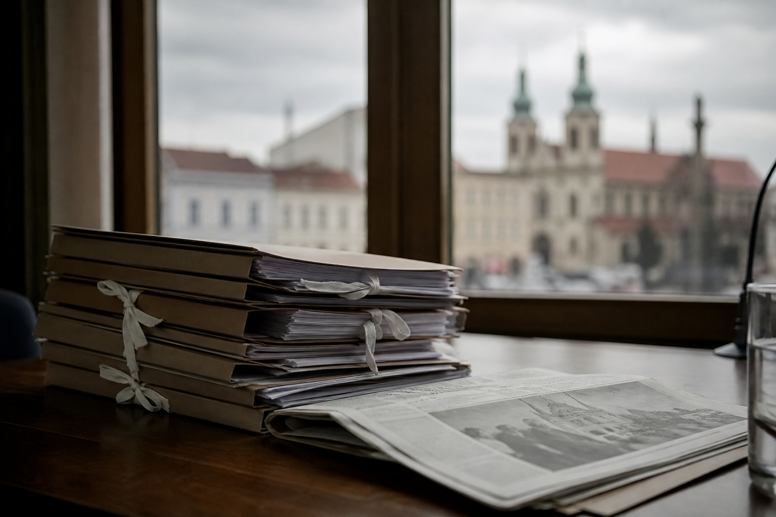 Složky a noviny na stole: titulek, sazba a odklad leží v různých deskách.
