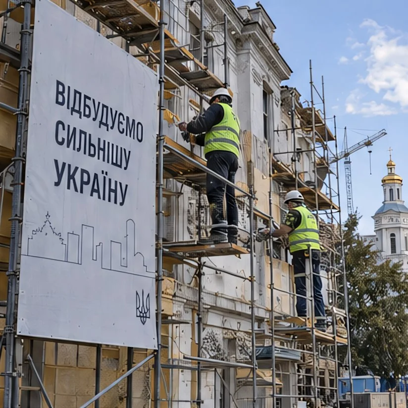 Ilustrační AI snímek — Dělníci na lešení opravují poškozenou budovu; transparent slibuje „Obnovíme silnější Ukrajinu“.