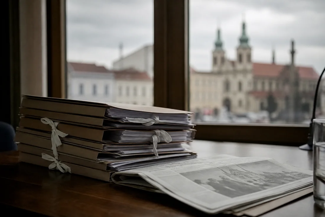 Složky a noviny na stole: titulek, sazba a odklad leží v různých deskách.