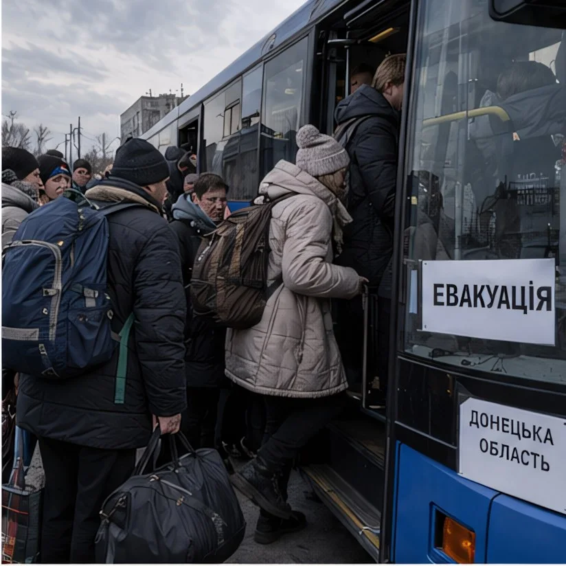 Ilustrační AI snímek — Lidé z Doněcké oblasti čekají na nástup do evakuačního autobusu.