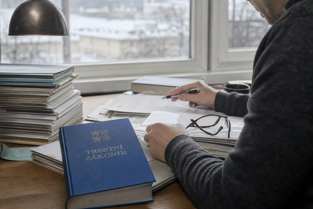Soudní spis a trestní zákoník na stole u okna: sazba, návrh a výrok leží v různých deskách.